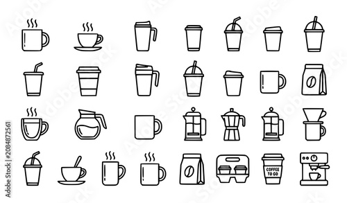 Obraz na plátne Black and White Coffee Cup and Mug Line Icon Collection