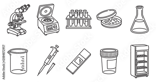 Fényképezés Laboratory equipment line icons set, scientific research tools and medical lab a