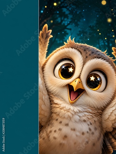 Cute cartoon owl peeking from teal panel