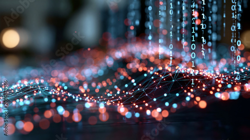 A big data visualization concept with glowing binary code network and machine learning algorithms vivid neon depth information analysis connectivity technology with copy space