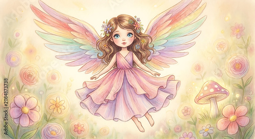 A Beautiful Little Fairy With Rainbow Wings Flying Over A Magical Garden