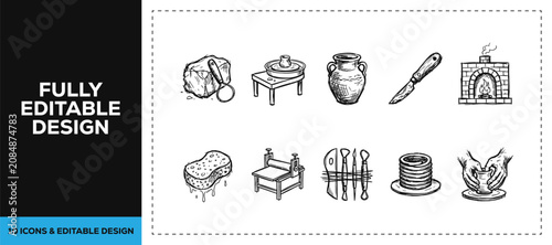 Konstfotografi Black ink scribble museum artifact and home decor icon bundle set featuring hand drawn doodle sketch vector illustrations for history archive and antique shop branding art