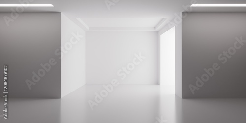 Cuadro en lienzo White room junction background with stripe lights and bright doorway, modern emp