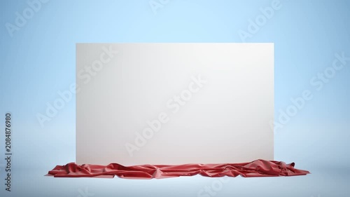 Red cloth unveiling a blank white presentation board. Empty podium covered with red cloth. Isolated with luma matte, green chromakey.