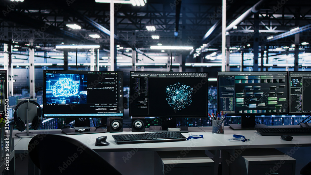 Fototapeta premium Monitors in high tech server room displaying AI tech software interface tracking digital infrastructure health.