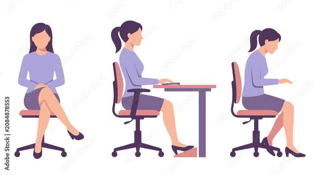 Fototapeta premium Comparison of good and bad sitting postures at office desk