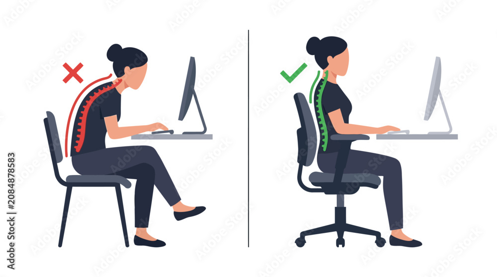 Fototapeta premium Correct and Incorrect Sitting Posture at Computer Desk Comparison