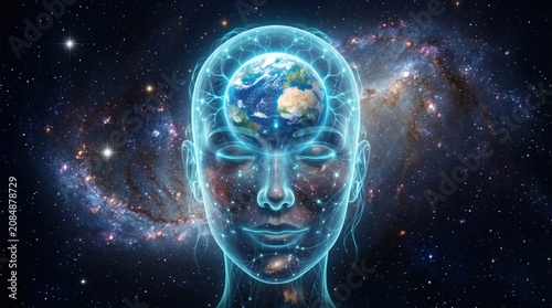 Glowing blue human head with Earth inside against a starry space background. Global consciousness and universal mind concept