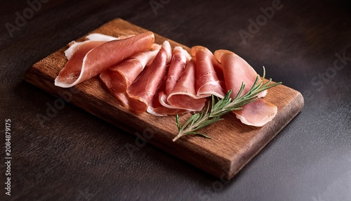 thinly sliced pieces of proscuitto neatly presented on a wooden serving board along with a spring of rosemary garnish