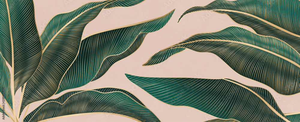 Fototapeta premium Luxury art backdrop with green tropical leaves in a gold steel line. Botanical banner for decor, prints, posters, textiles, packaging, and wallpaper.