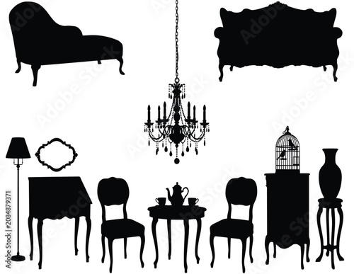 Fotografie Silhouettes of various antique furniture and home decor items on white backgroun