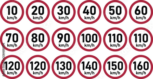 Obraz na płótnie Speed limit signs collection showing various numerical values in circles for tra