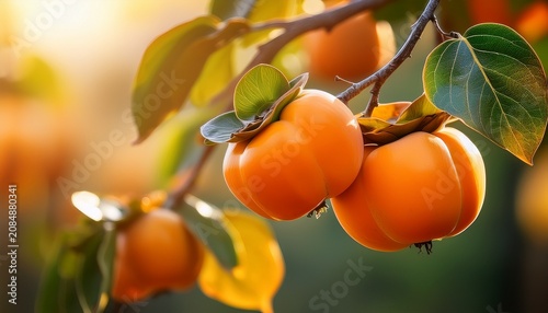 ripe orange persimmons hang on a leafy branch in warm sunlight fruit tree