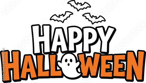 Happy Halloween greeting with bats and ghost cartoon illustration