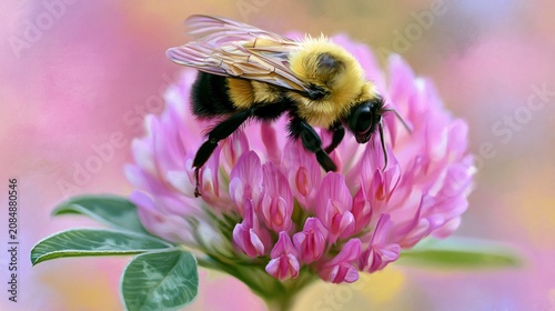 Vivid Close-Up of Bumblebee Collecting Nectar in Red Clover Blossom