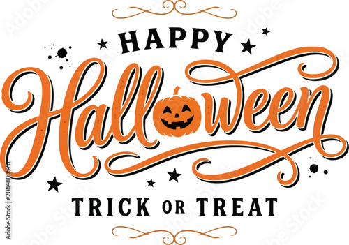 Happy Halloween trick or treat sign with pumpkin and stars