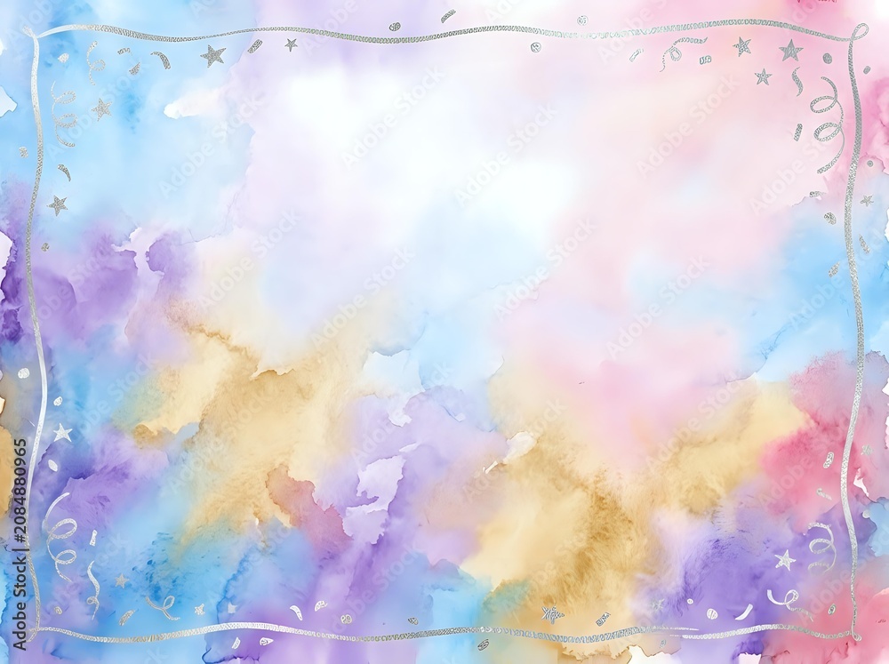 Fototapeta premium Soft watercolor background with pastel rainbow colors and decorative border frame for creative projects and artistic designs.