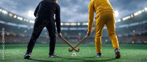 Two field hockey players competing in a stadium match face off with sticks over a ball on the green turf grass under bright floodlights for a professional sporting tournament event