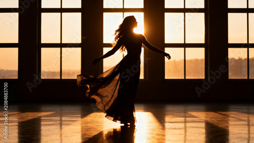 A collection of artistic silhouette photographs capturing a dancer in motion before large sunlit windows. Each frame highlights graceful movement, flowing fabric, and the interplay of light and shadow