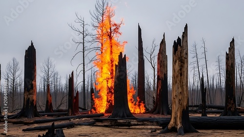 Dramatic forest fire with burning pine trees at dusk.