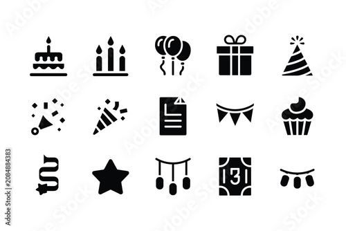 Birthday party icons set celebration, event, anniversary black solid vector symbols