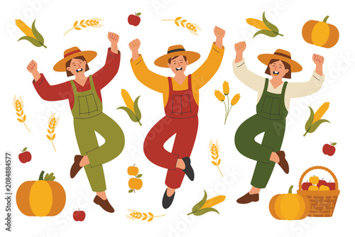 Photos Happy farmers celebrating harvest time with pumpkins, corn, and apples