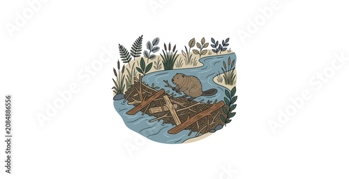 Beaver Building Dam Vector Illustration