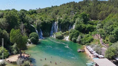 Kravica Waterfall, Bosnia and Herzegovina - June 7, 2026: Aerial view of visitors enjoying the famous Kravica Waterfall and turquoise pool during summer