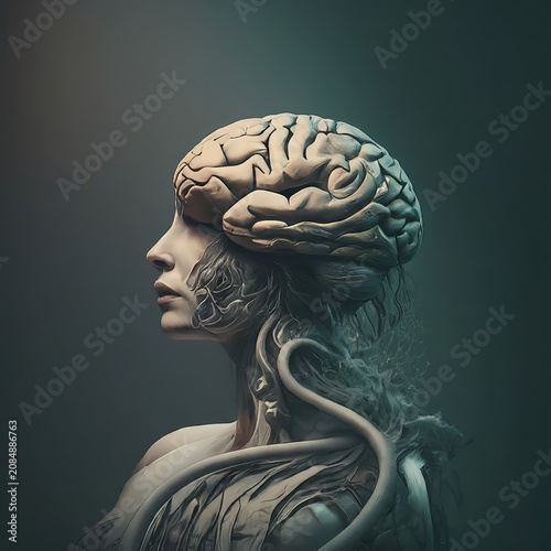 human brain with white and black lines.