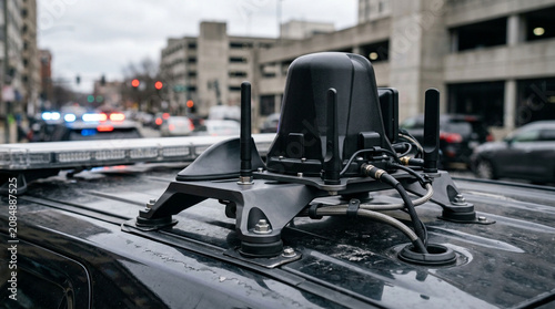 Police car equipped with detective surveillance gear for officer patrols and crime scene badge identification