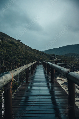Foto Wooden Boardwalk Leading Toward a Green Hill