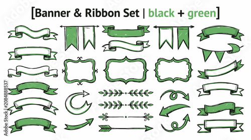 Hand-drawn banner and ribbon set in black and green, vintage sketch decorative elements, rustic flag and scroll collection for graphic design
