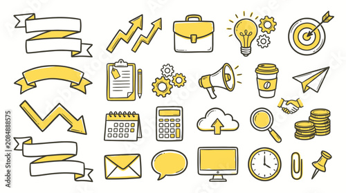 Hand drawn business icons set, yellow doodle marketing and finance vector elements, creative office supplies and startup strategy symbols