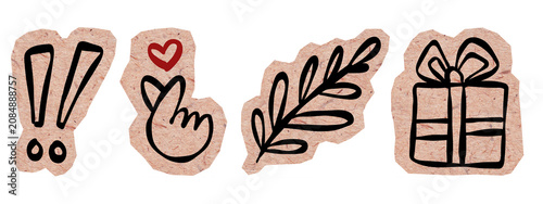 Hand-drawn black ink doodle set on kraft paper cutouts. Includes finger heart, gift box, branch, and exclamation marks for scrapbook zine collage. Isolated on transparent background (PNG format).