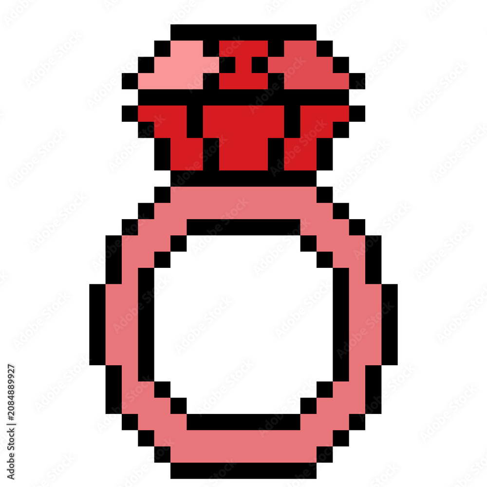 Fototapeta premium Cute pixel art ring with large red gemstone, symbol for wedding, proposal, or romance