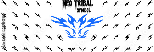 Принти на полотні A comprehensive collection of black and blue neo tribal symbols featuring sharp, edgy graphic design elements for modern tattoos