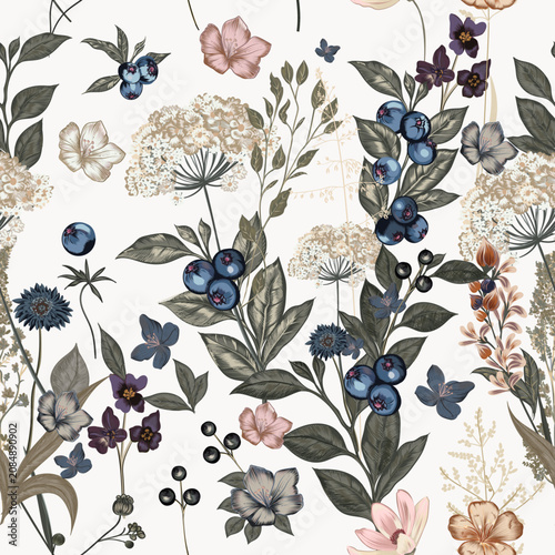 Fashion floral seamless vector fabric pattern with field flowers and berries ...