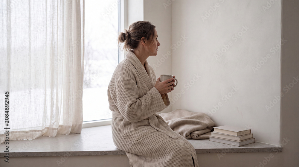 Fototapeta premium Quiet Reflection With Warm Mug In Minimal Retreat Suite Window Light