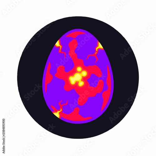 Vibrant Purple Egg with Red and Yellow Splotches on Black
