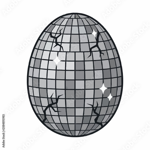 Disco Ball Illustration, Shiny Grid Sphere with Sparkles, Flat
