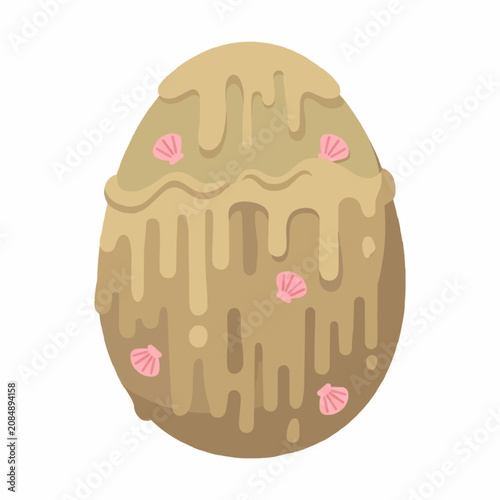 Brown Easter Egg with Melted Chocolate and Pink Seashells Flat