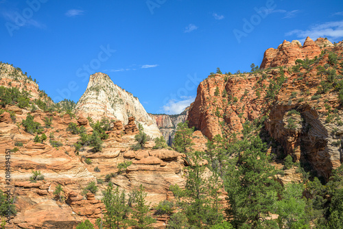 Obraz na plátne Massive sandstone cliffs and the white-capped peak of Bridge Mountain in Zion Na