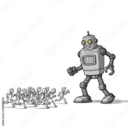 Robot leads human runners in cartoon.