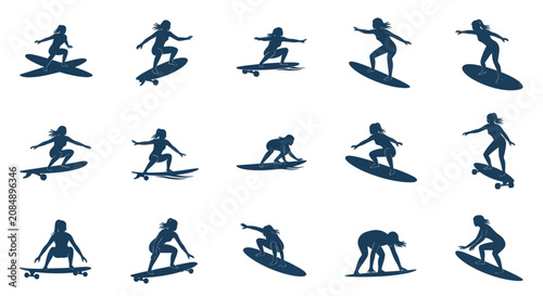 Foto Silhouette of surfer in various poses.