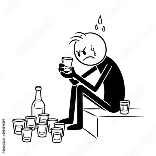 Sad man drinking alone with bottles.