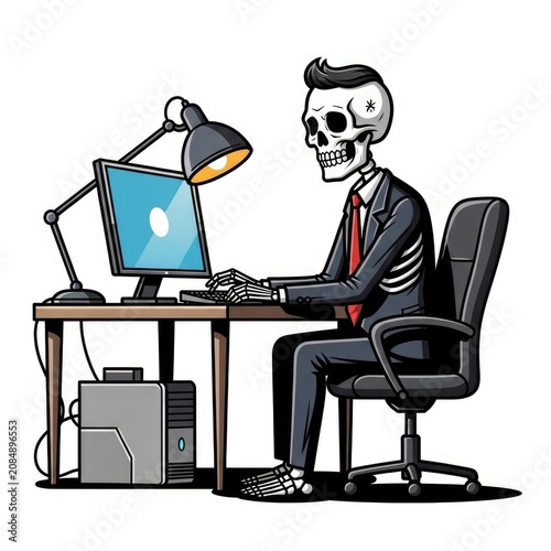 Skeleton working on computer office.