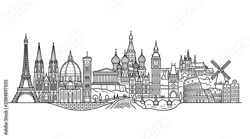 Fotografía Black and white illustration of landmarks.