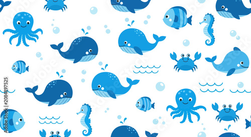 Photography Blue ocean sea creatures cartoon illustration.
