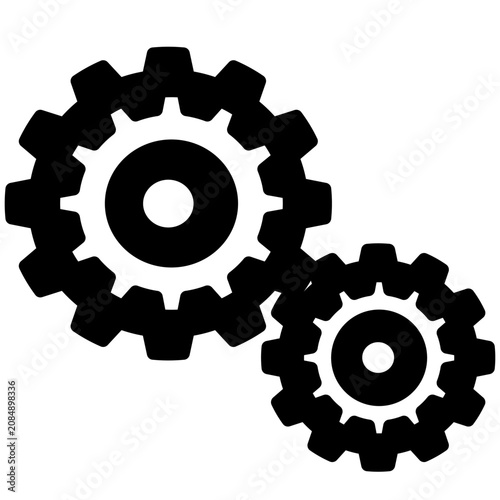 Black and white gear icon vector. Clean interlocking cogs graphic for industry, mechanics, teamwork, or technology design. High-quality isolated gears silhouette clip art.