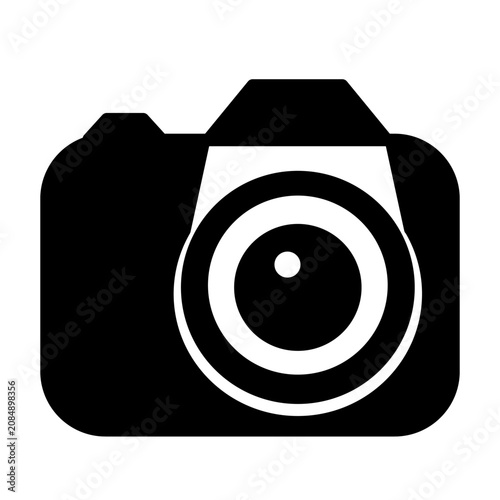 Minimalist DSLR camera icon vector graphic. Black and white photography logo element, isolated on transparent background. Perfect flat web button design.